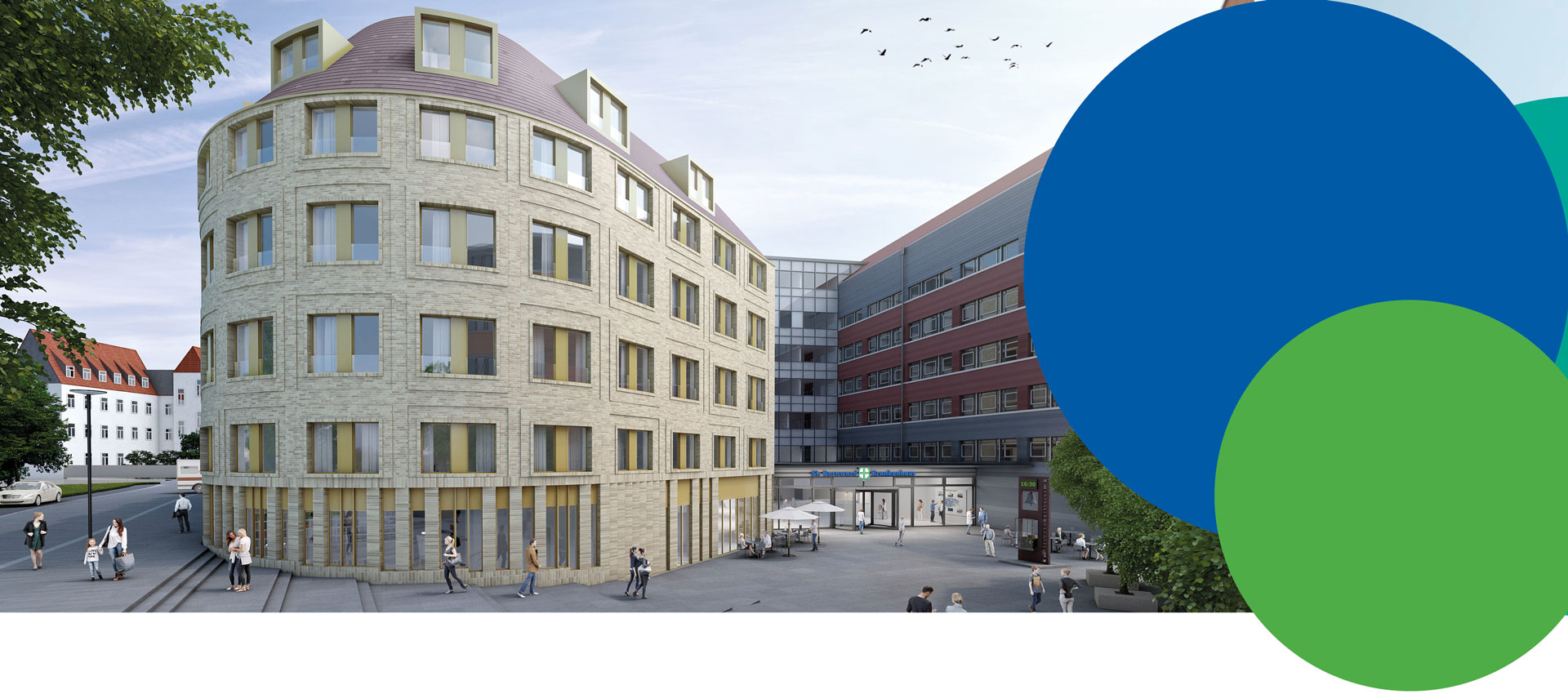 Moderne Stadtstraße mit einem abgerundeten Eckgebäude aus hellem Backstein, Menschen, die spazieren gehen und an Tischen im Freien sitzen, und einem roten Gebäude im Hintergrund. Große blaue und grüne Kreise überlagern die rechte Seite des Bildes.