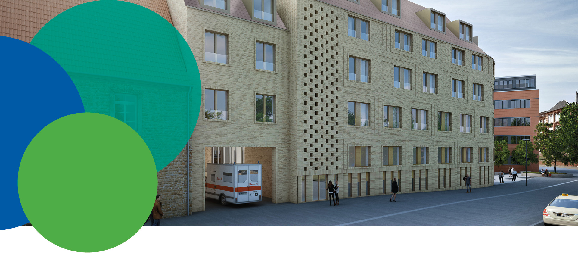 Ein modernes Backsteingebäude mit mehreren Fenstern, einem großen Eingang, durch den ein Krankenwagen fährt, und ein paar Menschen, die in der Nähe gehen. Große durchscheinende blaue und grüne Kreise überlagern die linke Seite des Bildes.