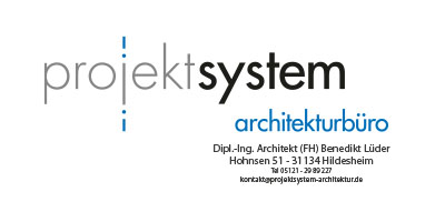 Logo für projektsystem architekturbüro mit moderner Typografie. Kontakt: Dipl.-Ing. Architekt (FH) Benedikt Lüder, Hohnsen 51, 31134 Hildesheim, Tel: 05121-2989227, E-Mail: kontakt@projektsystem-architektur.de.