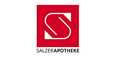 Logo mit einem großen weißen stilisierten S innerhalb eines roten Quadrats. Unterhalb des Quadrats erscheint in schwarzer Schrift der Text SALZERAPOTHEKE und in Fettdruck APOTHEKE.