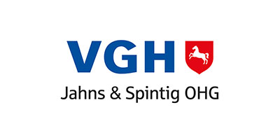 VGH-Logo mit rotem Schild, auf dem ein weißes Pferd abgebildet ist, darunter der Text Jahns & Spintig OHG in schwarzen Buchstaben.