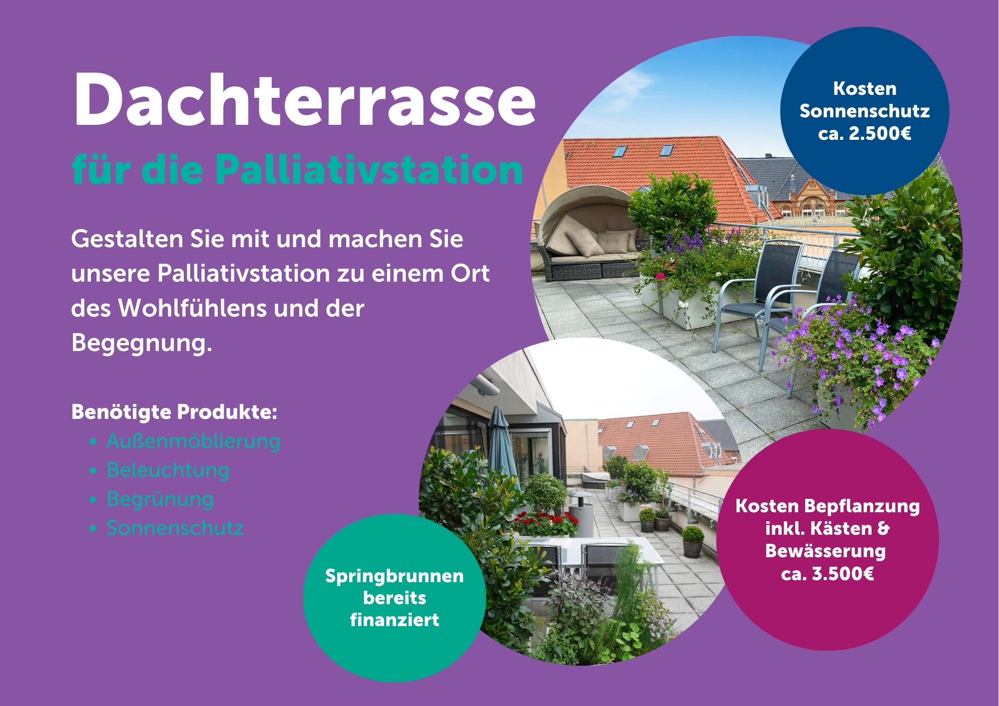 Infotext und Fotos einer Dachterrasse mit Pflanzen und Sitzbereichen; in Kreisen sind die Kosten für Sonnenschutz (2.500 €) und Bepflanzung (2.500 €) angegeben; der Text wirbt für die Unterstützung der Palliativstation.